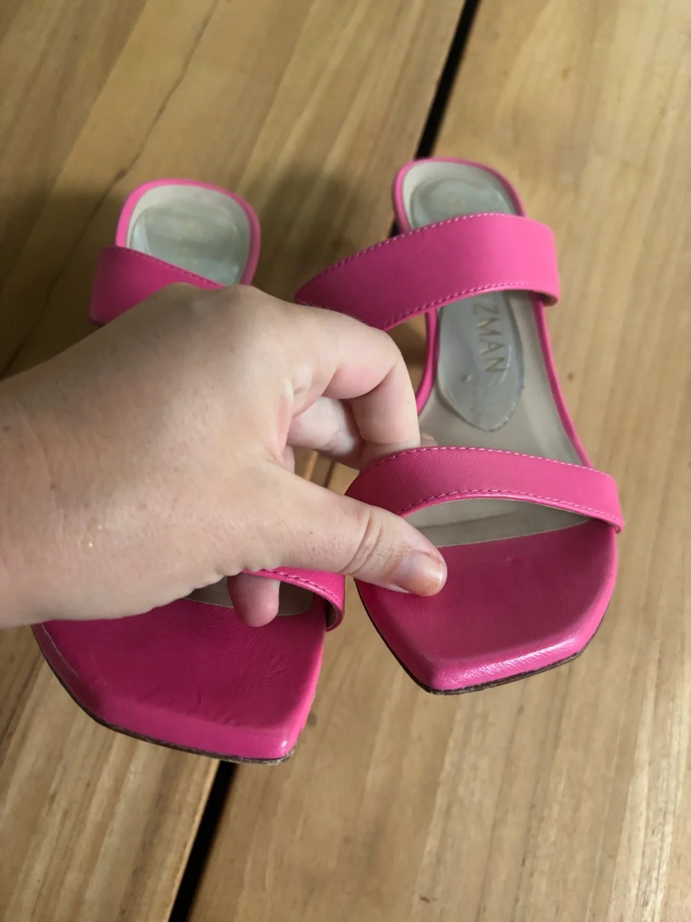 STUART WEITZMAN Kristal Napa Two Band Pink Sandals Heels Size 7.5